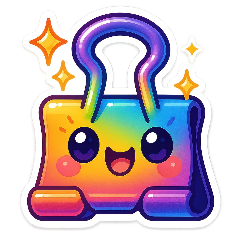Smiling rainbow-coloured binder clip with a purple metal loop and sparkles