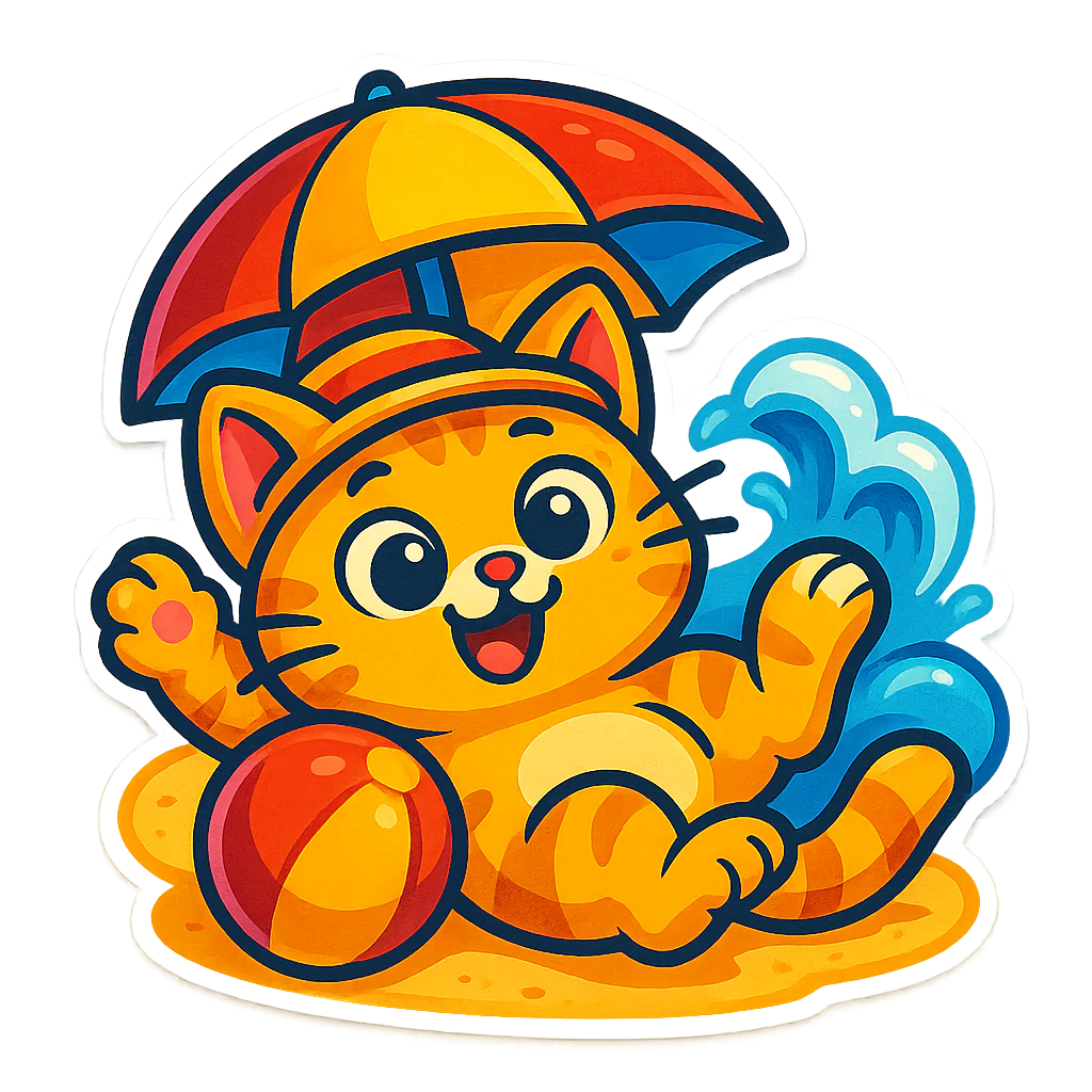 Orange striped cat in a colourful beach scene with blue waves