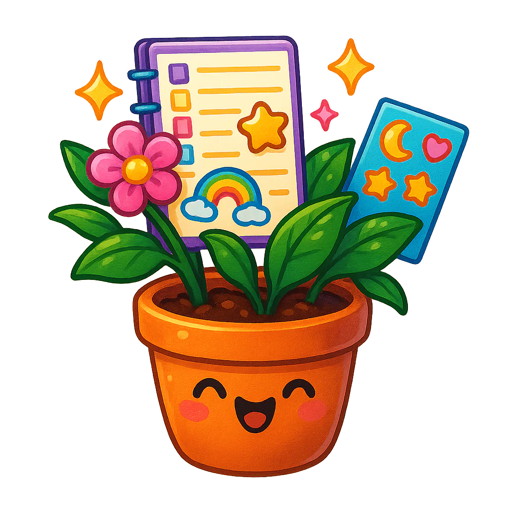 Smiling terracotta pot with growing leaves, flowers and planner pages