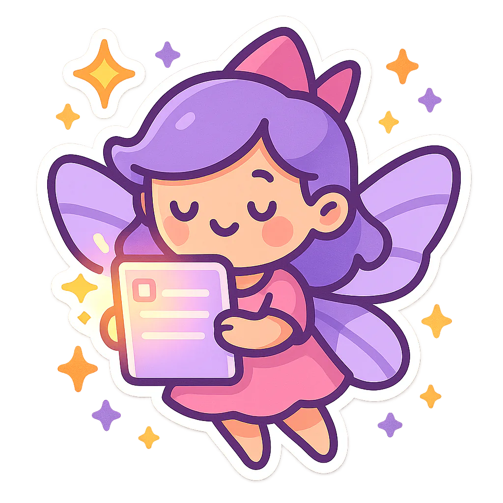 Purple-haired fairy with wings holding an illustrated planner