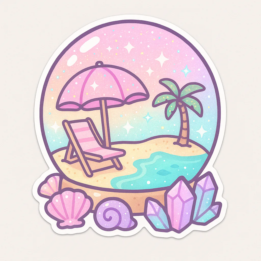 Pastel beach scene with a pink umbrella inside a glass-like dome