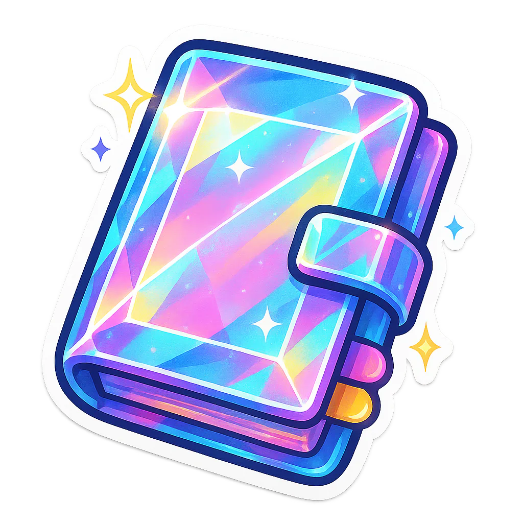Iridescent planner-shaped book with a glowing crystal-like cover